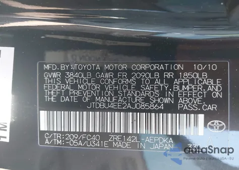 2010 Toyota Corolla Le z USA, uszkodzony, nr VIN JTDBU4EE2AJ085864